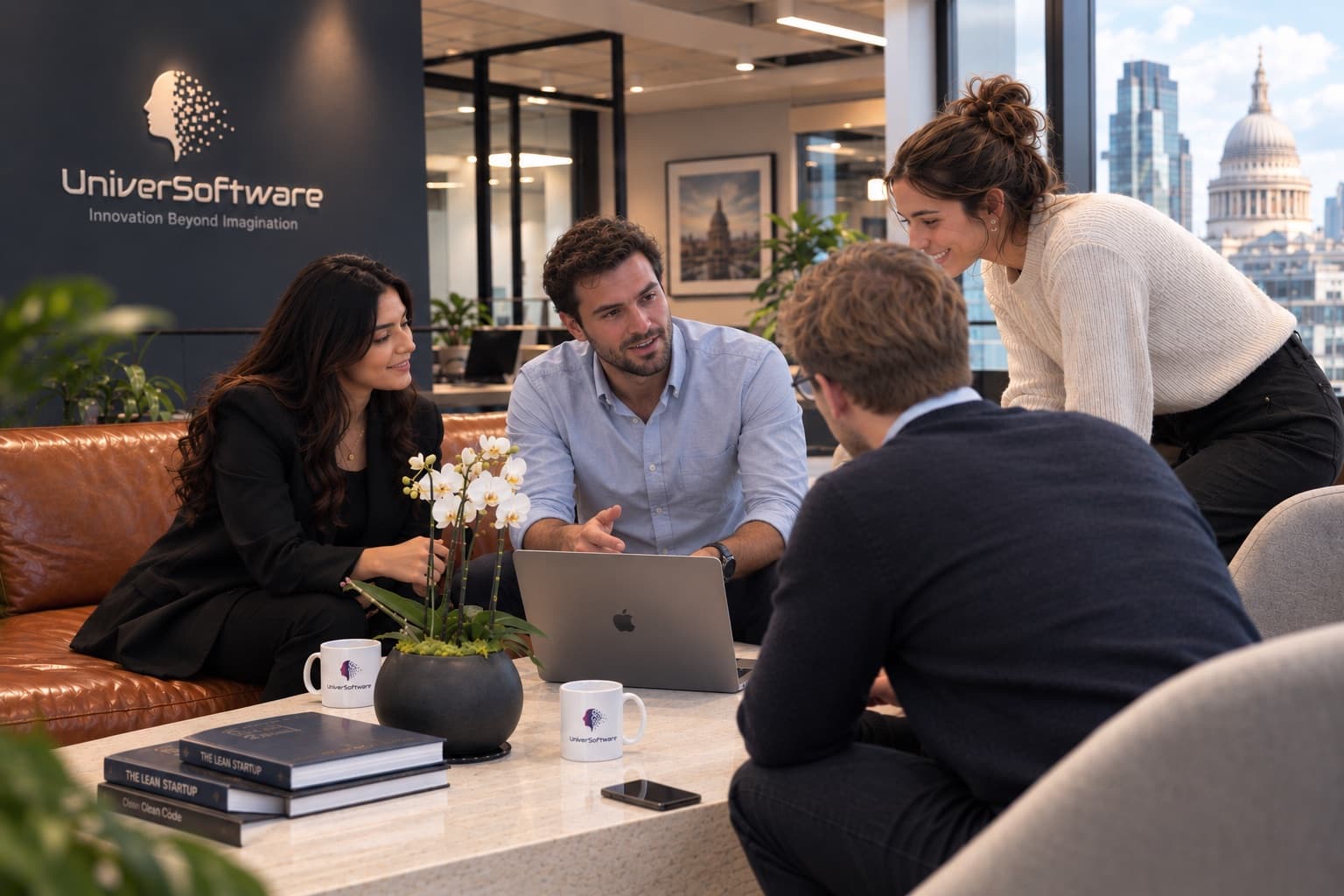 Four Universoftware engineers talking over a laptop in the London office, the company logo on the wall behind them
