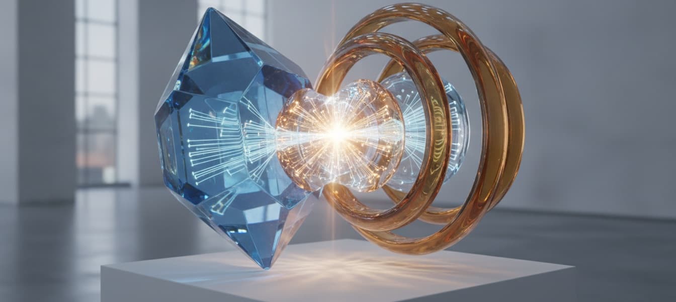 A blue crystal and golden torus meeting at a burst of light on a gallery plinth