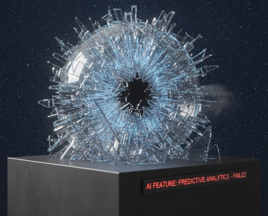 Shattered glass sphere on a pedestal labelled ‘AI feature: predictive analytics — failed’